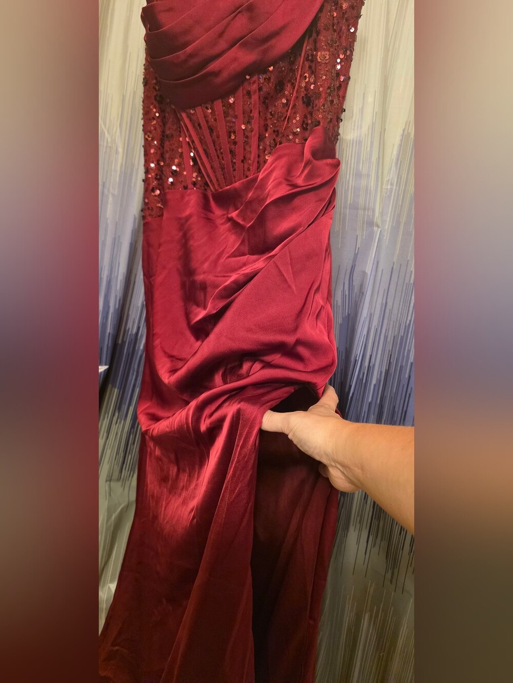 Elegant Burgundy Sequin Draped Prom Gown - Picture 5 of 7
